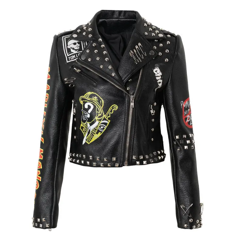 Spring Autumn New Slim Rivet Graffiti PU Leather Jacket Women Printing Lapel Coat Female Fashion Punk Motorcycle Jacket y1110