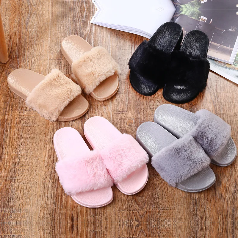 Cute Fashion Women Fur Slippers Non-slip Cotton Ladies Flat Slippers Indoor and Outdoor Plush Women Winter Slippers