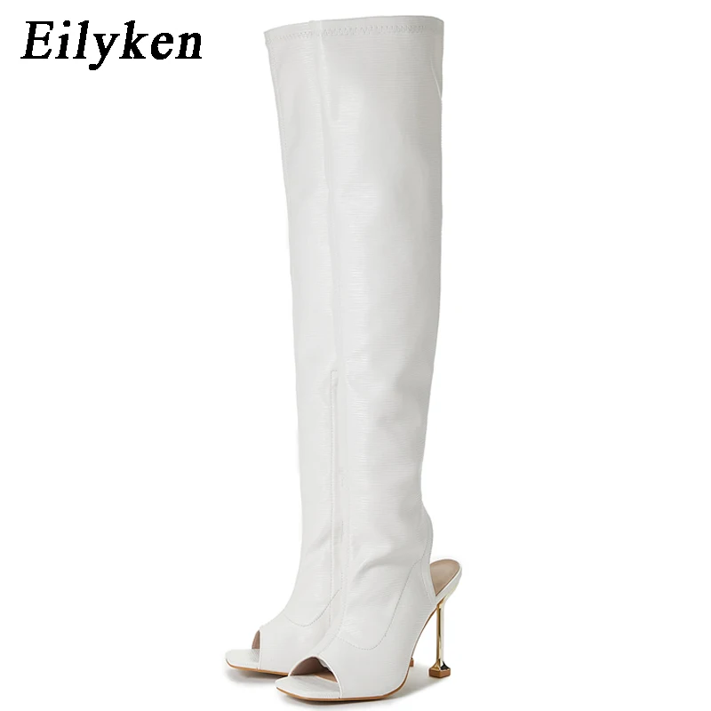 Eilyken Design White Black Peep Toe Over The Knee Boots Fashion Runway Sexy Zip Womans Cut-Out Thin High Heels Shoes