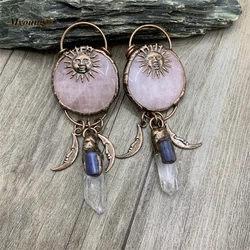 5PCS Large Round Rose Quartzs Slice Vintage Sun Moon Pendant With Kyanite Bead Paved Crystal Point Charms Gothic Boho Necklace
