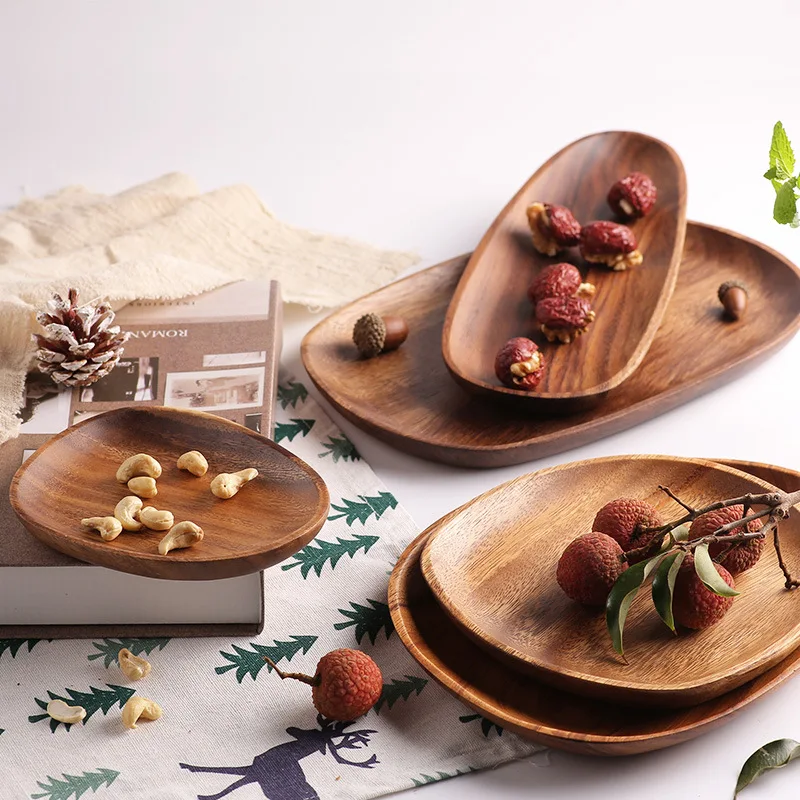 Wooden Tea Tray Acacia Oval Rectangular Irregular Solid Wooden Tea Plate Serving Table Plate Snacks Food Storage Serving Dish