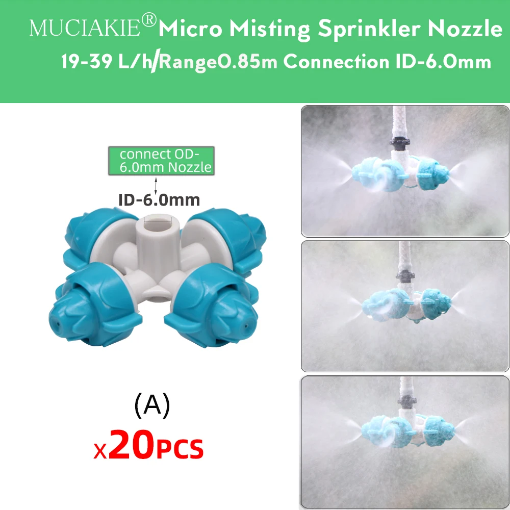 MUCIAKIE 20PCS 19-39 L/h Cross Misting Nozzles 4/1''Barb ID-6.0mm Tee Garden Sprinklers Fog Spray-head Greenhouse Cooling