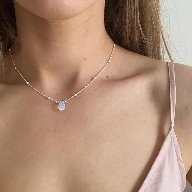 Beaded silver necklace, opalite moonstone style necklace, silver layered necklace,Rose quartz necklace