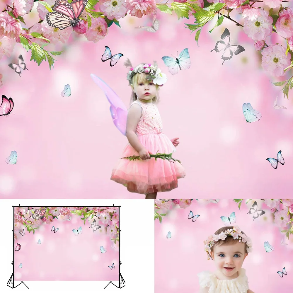 

Spring Pink Themed Backdrop Butterfly Peach Blossom Flowers Photo Background Photography Children Baby Birthday Party Backdrop