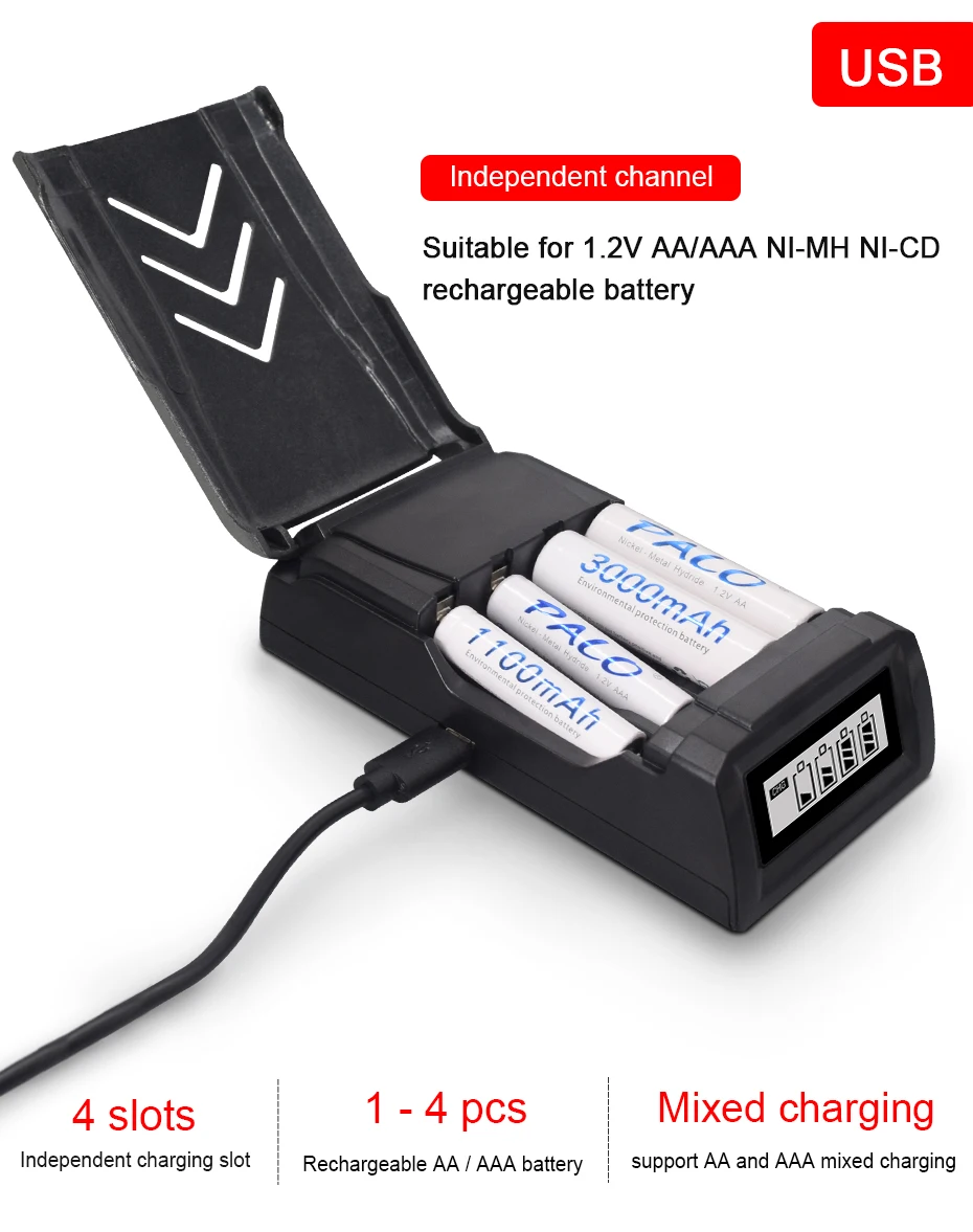 PALO 4-Slots USB-Ladegerät-Set für 1,2 V AA AAA NI-MH-Akku, AA3000 mAh AAA1100 mAh – Detail 3