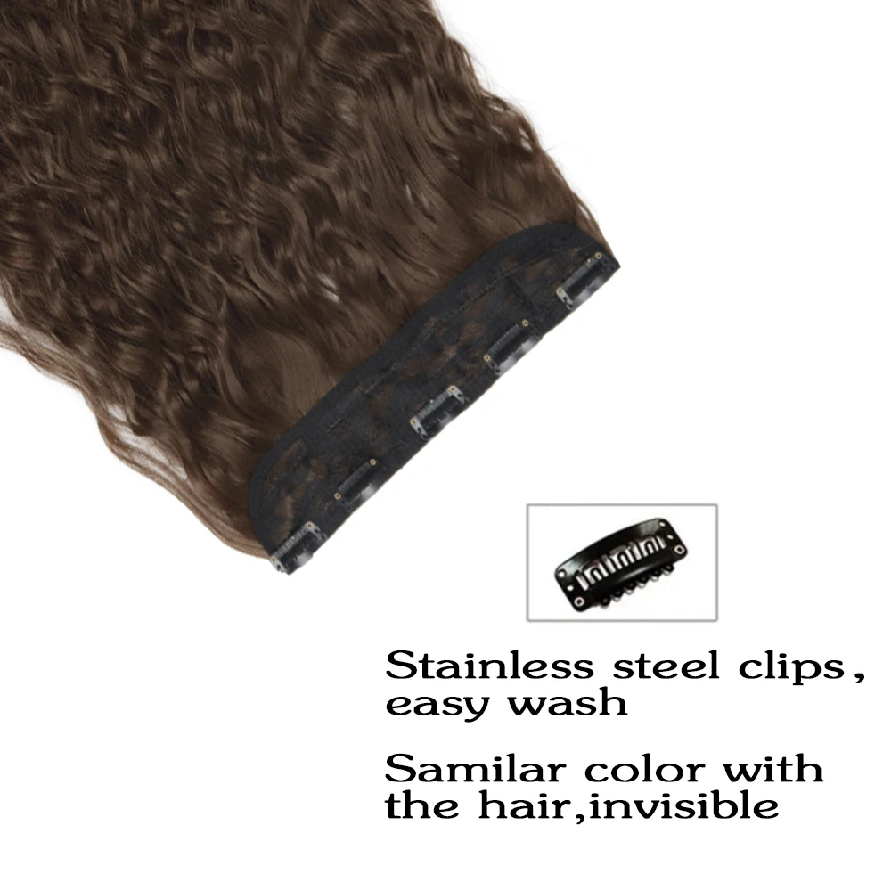 XINRAN Synthetic Long Wave 5 Clips  Hair Extensions Clips in High Temperature Fiber Black Brown Hairpiece