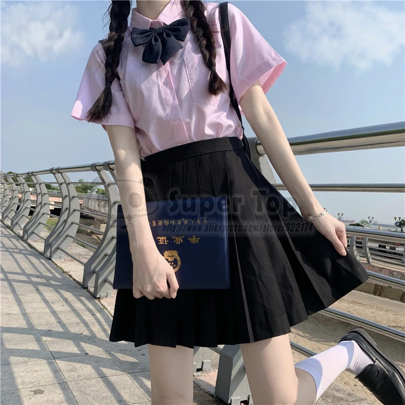 Japanese JK Clothing College Student JK Uniform Female Summer Suit Girls New High Waist A-line Pleated Skirt Black + Pink Shirt