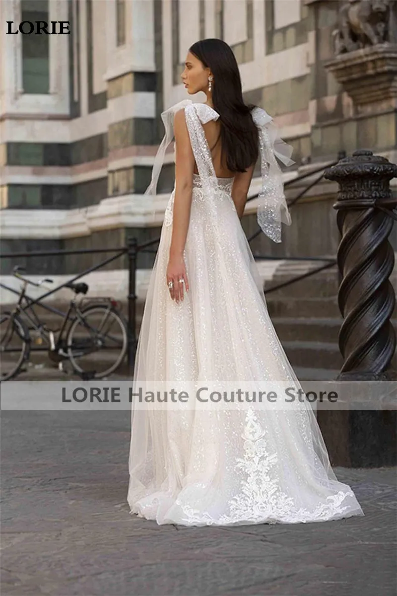 LORIE Ren Áo Cưới 2019 Lấp Lánh Voan Vestidos De Novia Spaghetti Dây Gợi Cảm Áo Dài Cô Dâu Hở Lưng Boho Áo Cưới