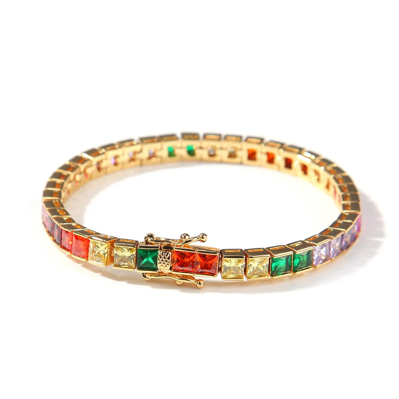 Hip Hop Bling Iced Out Colored Zircon Tennis Link Chain Bracelet For Men Women Unisex Rapper Jewelry Drop Shipping
