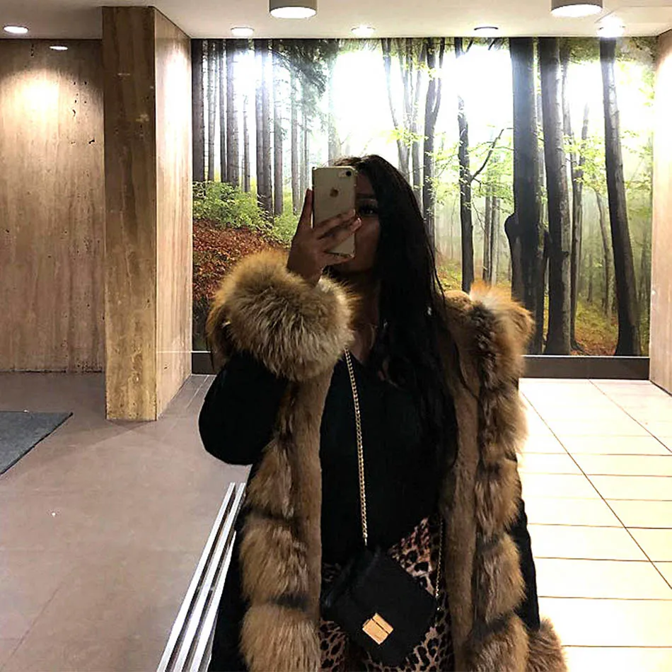 Maomaokong New Jacket Female 2023 Natural Real Fur Coat Women Coat Winter Fox Fur Collar Jacket Parka Women's Clothing