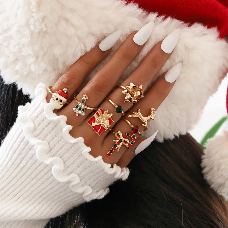 8 Pcs/Set Cute Cartoon Crystal Elk Christmas Tree Rings Set Fashion Sweet Christmas Ornaments Rings for Women Jewelry Gifts