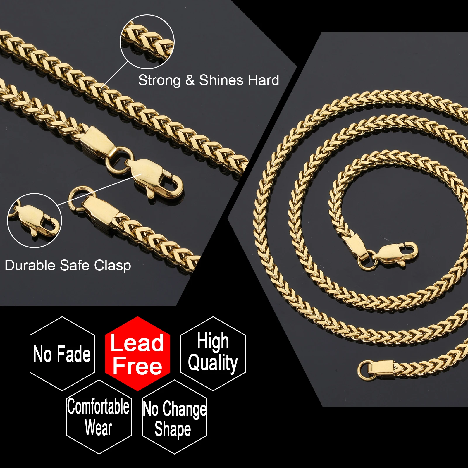 D&Z 3mm Stainless Steel Franco Chain In Gold Silver Color 18\'\'20\'\'22\'\'24\'\'Classical Choker Chain Men\'s Hip Hop Rapper\'s Jewelry