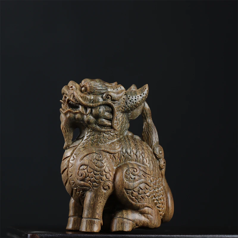 

Green sandalwood Wood Statue Real Wood Feng Shui Collection Rich Kirin Home Décor Traditional Chinese Animal Sculpture Mascot Lu