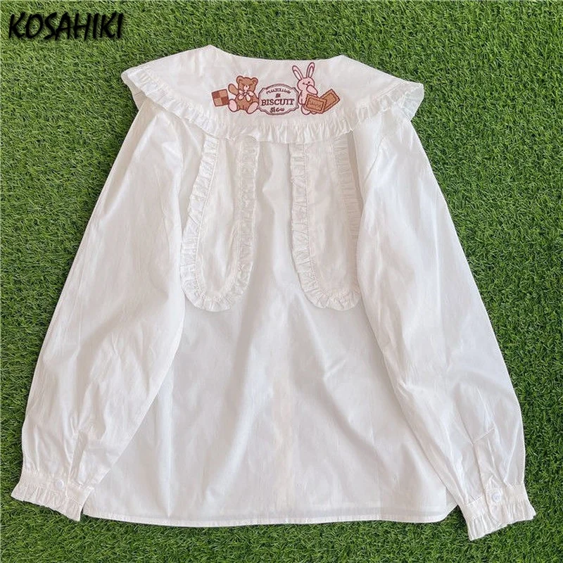 KOSAHIKI 2024 estate donna camicetta stile Lolita colletto Peter Pan Cartoon Animal ricamo Cute Blusas Kawaii Girl Shirt