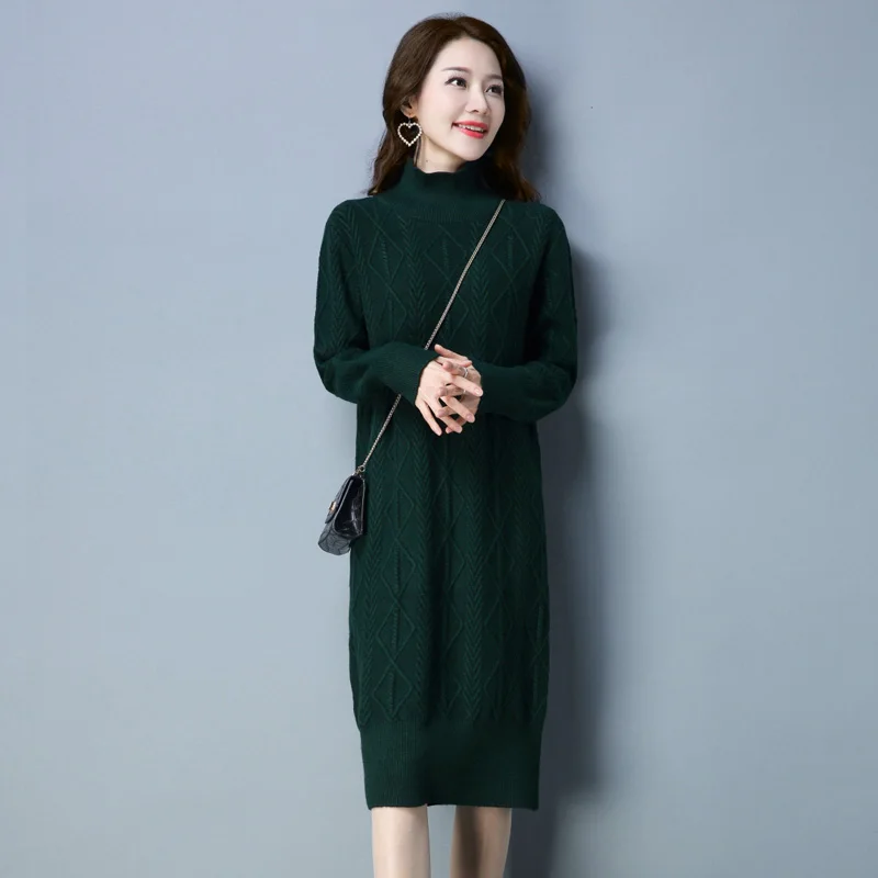 Women's Long Sweater Dress Autumn Winter Ladies Fashion Striped  High Neck Knit Warm Dress Pullovers