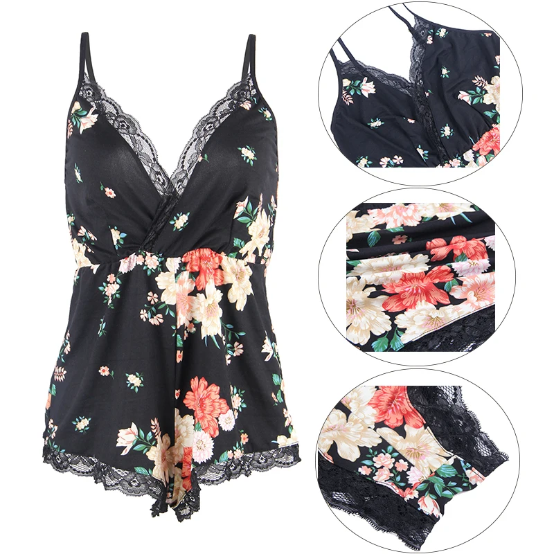 Comeondear Bodysuits For Women Sexy Florals Boho Vintage Pajama Romper Onesies Lingerie Combinaison Short Jumpsuit Romper