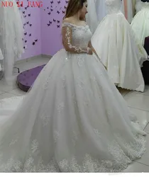 Dostosowane suknie ślubne księżniczki Off the Shoulder suknie ślubne zroszony perły długie rękawy koronkowe aplikacje Vestidos de novia