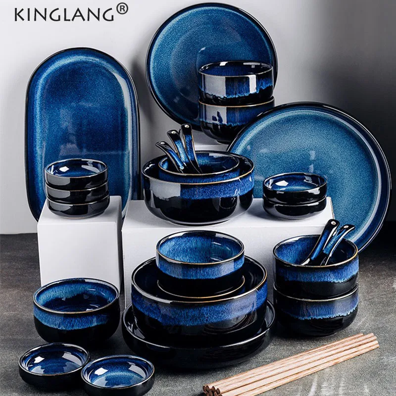 KINGLANG Kiln Glazed Ceramic Dinnerset  Japanese Style Star Blue Color Rice  Ramen Soup Bowl Dinner Plates Set