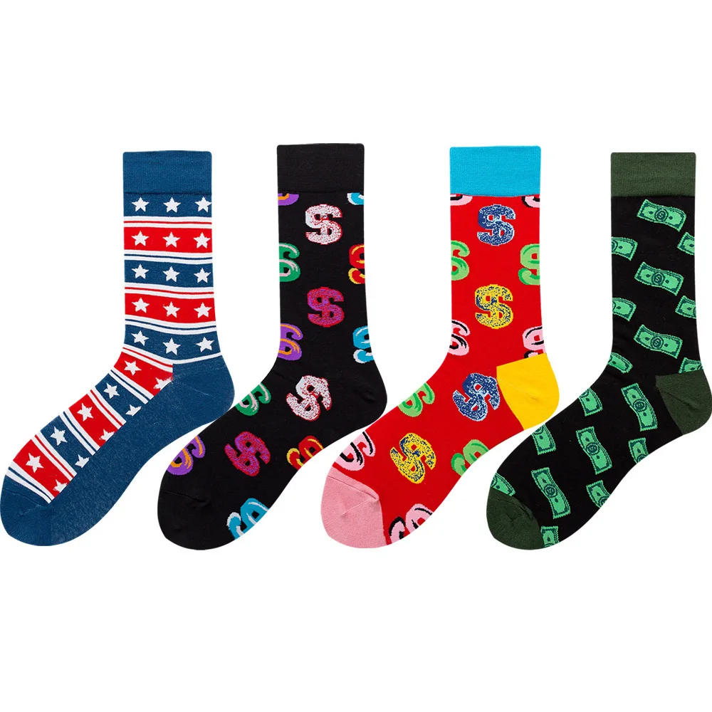 New Novelty Men\'s Long Socks Harajuku Money Dollar Printed Socks Funny Cartoon Socks Combed Cotton Happy Funny Socks Men