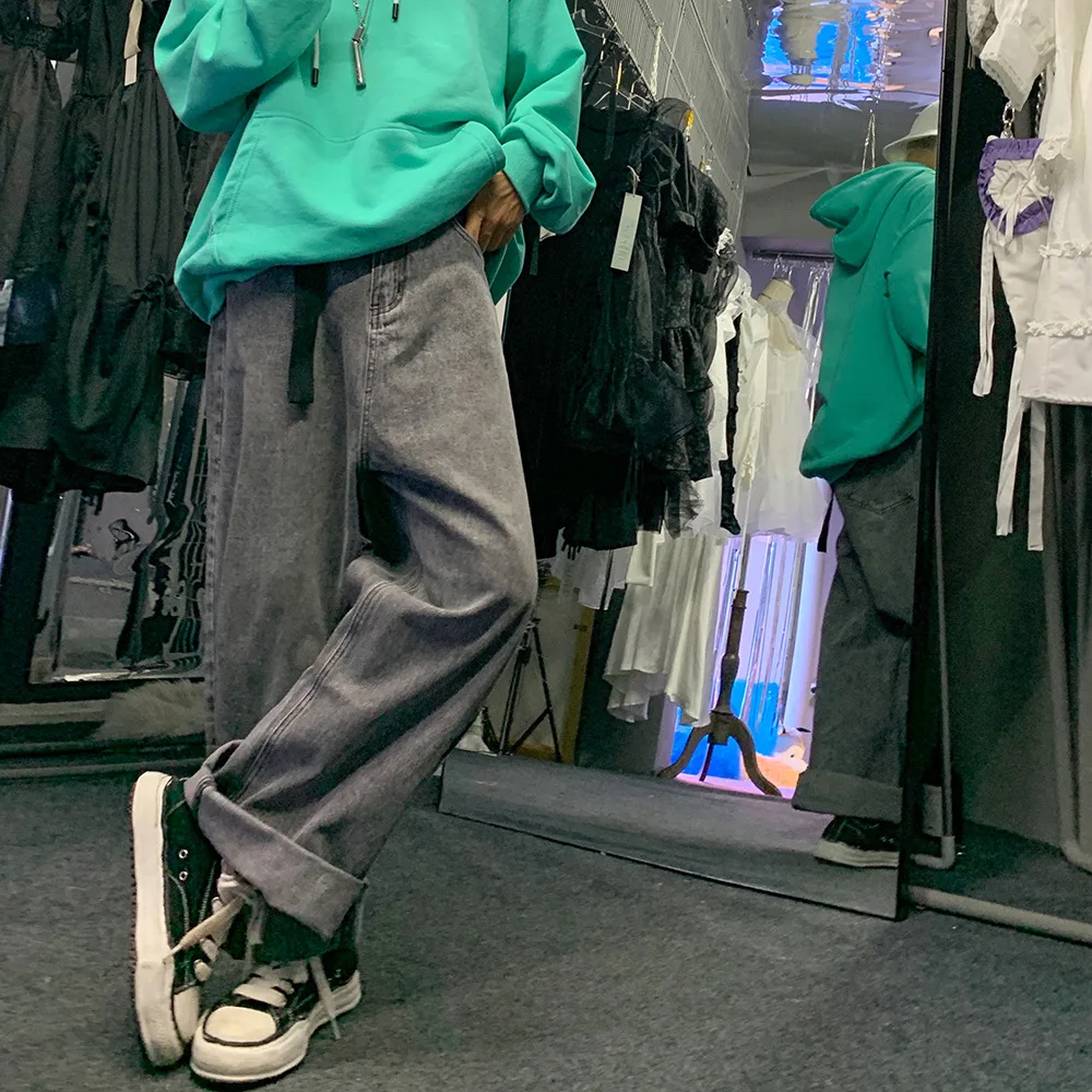 ICCLEK Jeans Men's Fall Loose Straight Wide-leg Pants Hip-hop Retro Washed Trousers Denim Jeans  Men Jeans  Biker Jeans