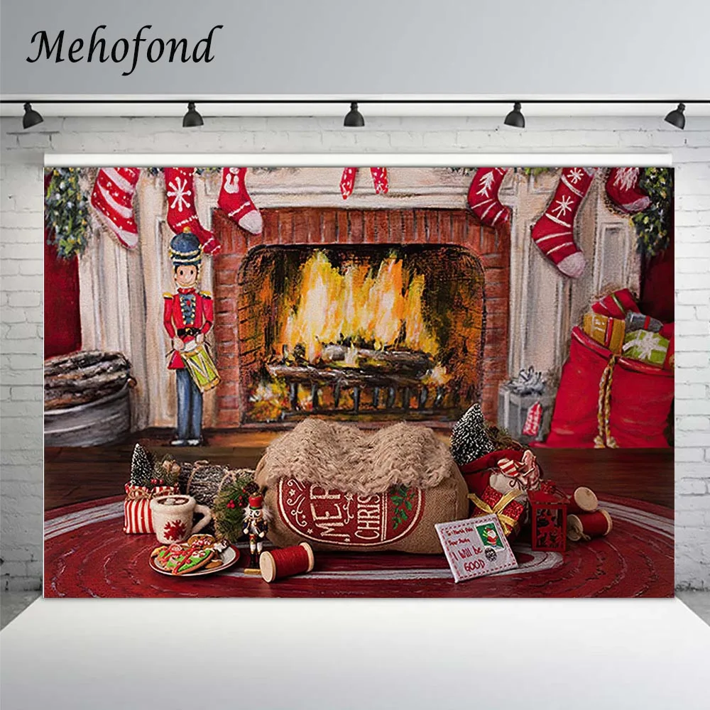 

Mehofond Merry Christmas Photography Backdrops XMAS Painted Fireplace Socks Gift Newborn Baby Portrait Background Photo Studio