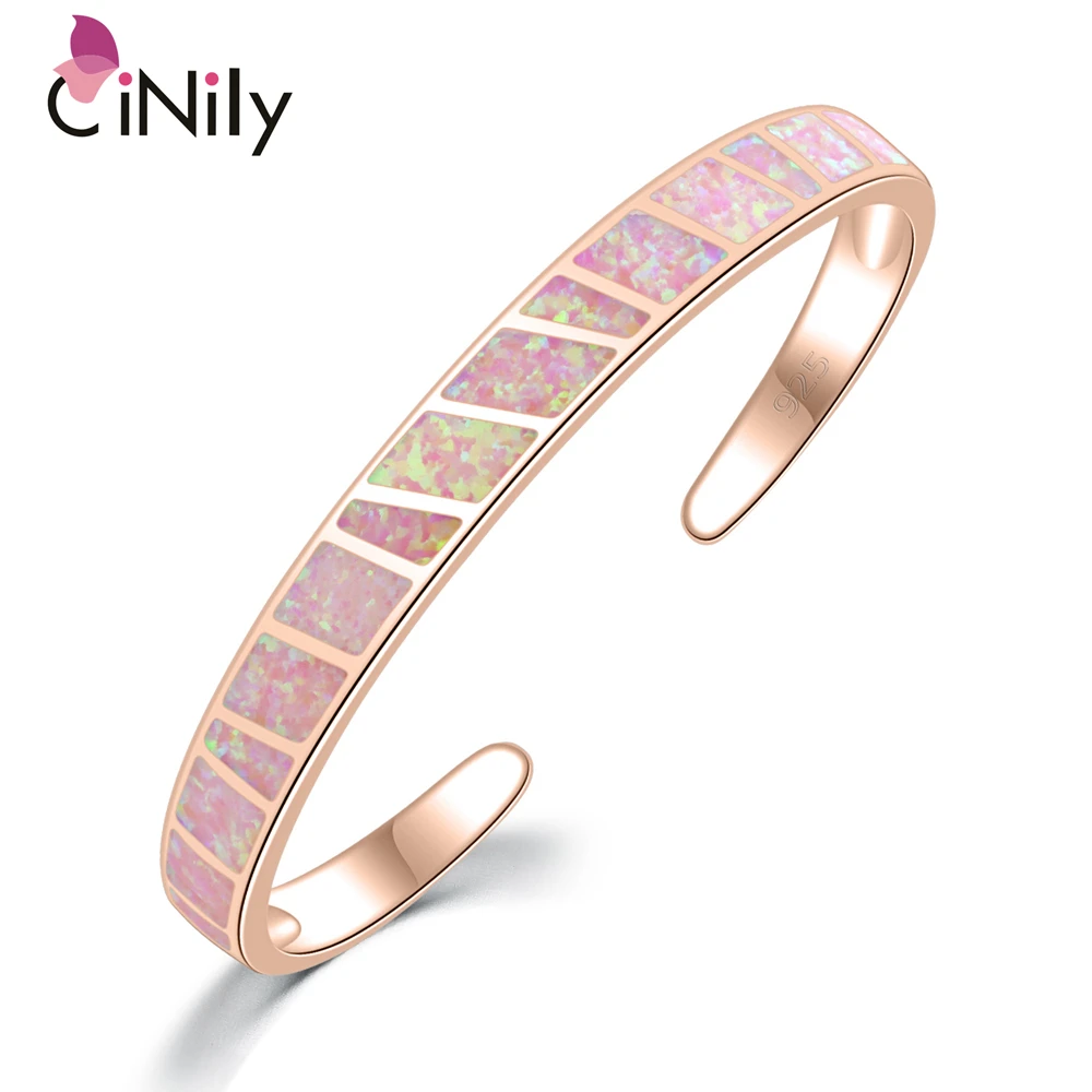 CiNily Pink Fire Opal Stone Open Bangles Rose Gold Adjustable Minimalist Bracelets Jewelry Best Gifts for Girl Woman