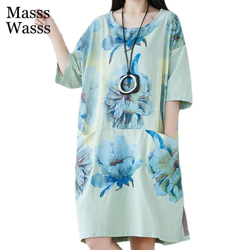 Masss Wasss Korean Designer New Summer Womens Printed Vintage Dresses Ladies Loose Green Floral Vestidos Casual Dress Big Size