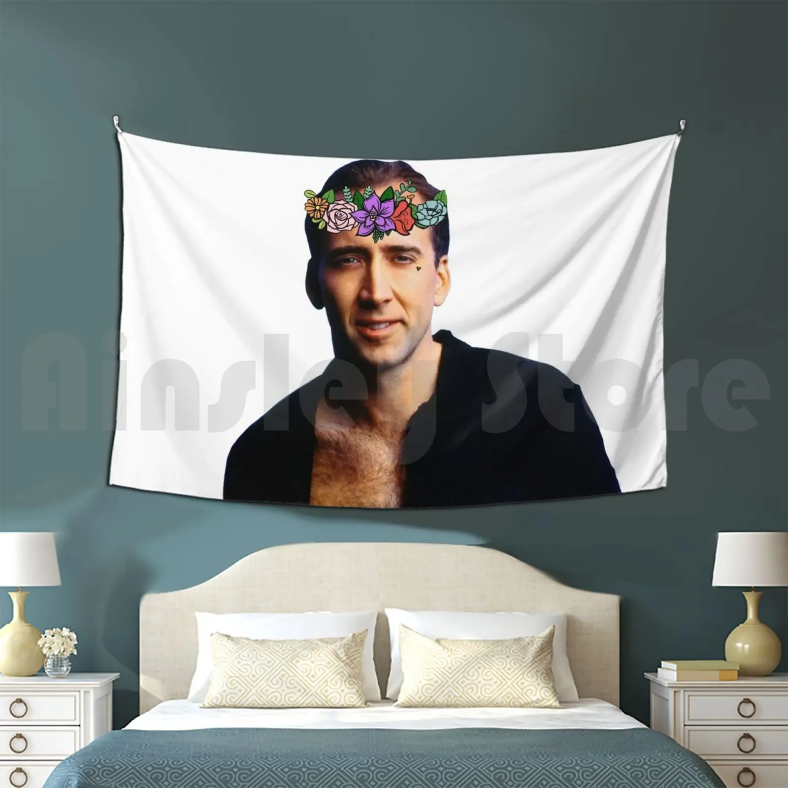 Nicolas Cage Floral Crown Tapestry Living Room Bedroom Nicolas Cage Nic Cage Flower Crown National Treasure Meme