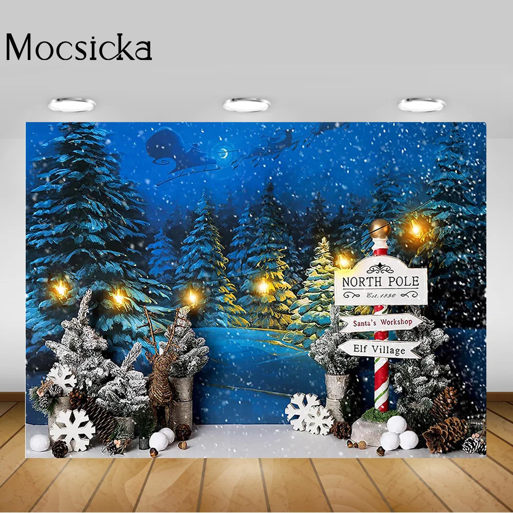 Fondo de fotografía de noche de nieve de Navidad fondo de fotografía de cumpleaños de invierno de Navidad Pino ensueño Santa trineo luz accesorios para sesión fotográfica