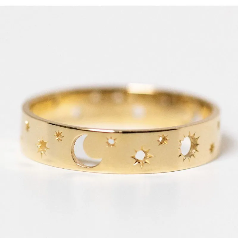 Moon and stars band rings for women gold cut out plain pinky rings stackable minimalist size 5 women jewelry cheap wholesale2021