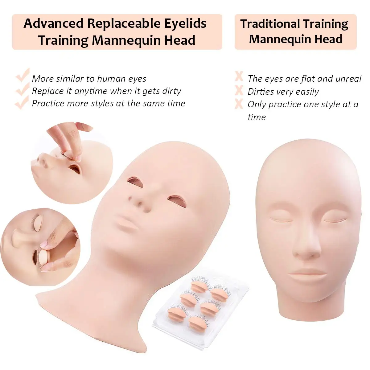 3 Colors Practice Grafted Eyelash Extension Training Mannequin Head Silicone Replacement Eyelids Model Eye Lash Extension Tool