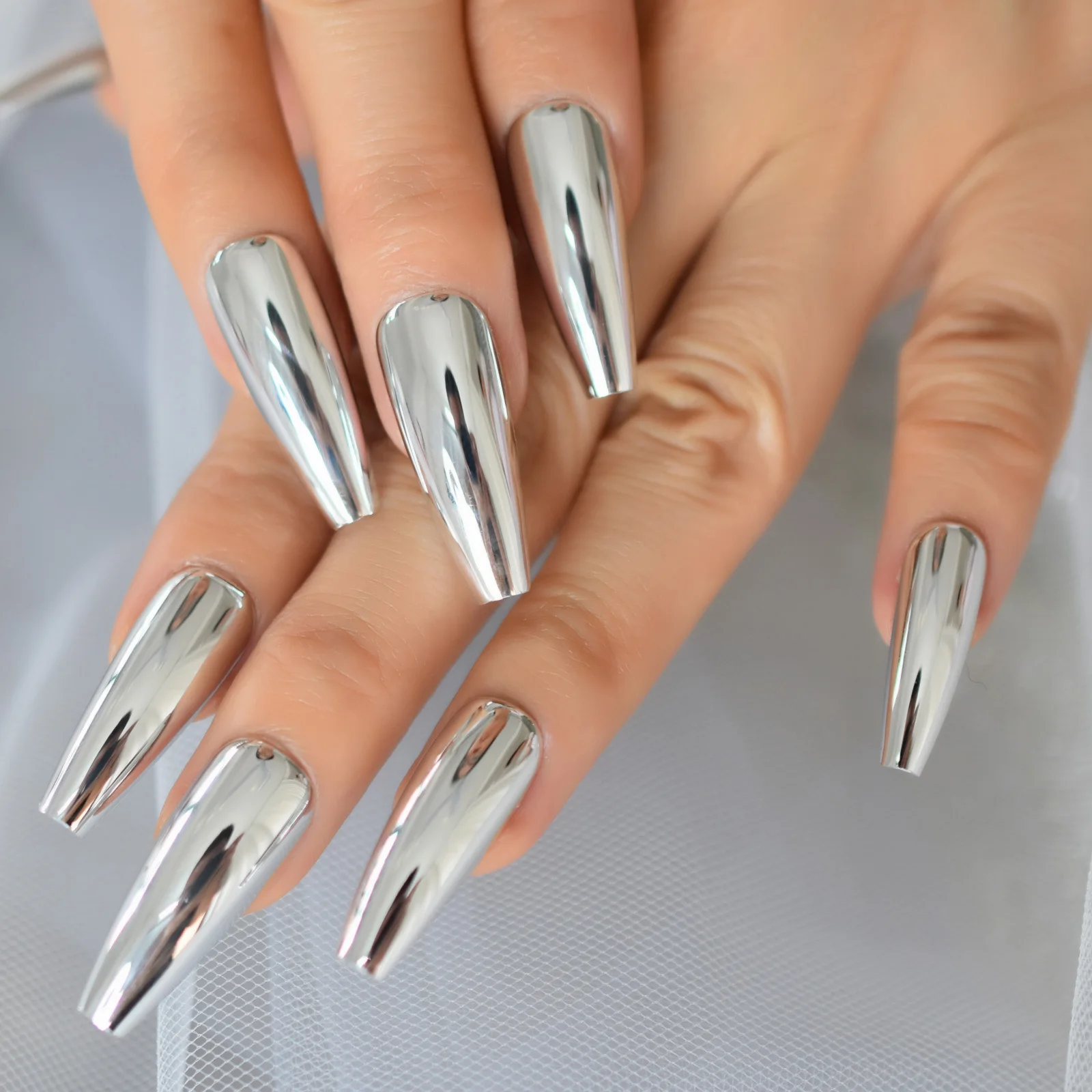 Silver Coffin Fake Nails Long Ballet Metallic False Nail Tips Solid Color Mirror Press On Nails Art Manicure At Home Salon Tools