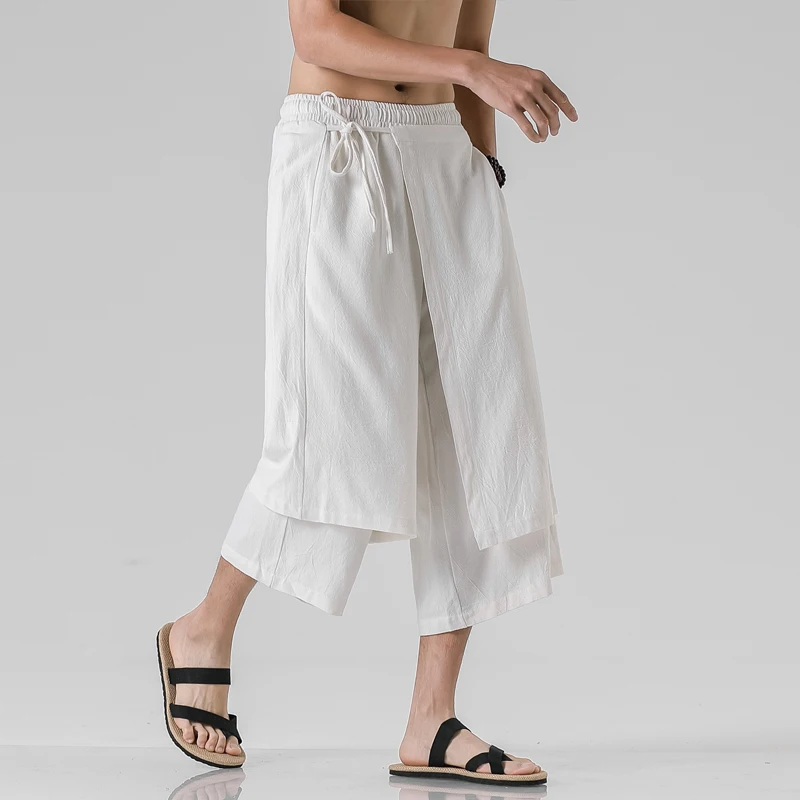 Men Casual Withe Wide Leg Pants Mens Irregular Cotton  Linen Harem Pants Male Solid  Vintage Skirts Trousers M-5XL