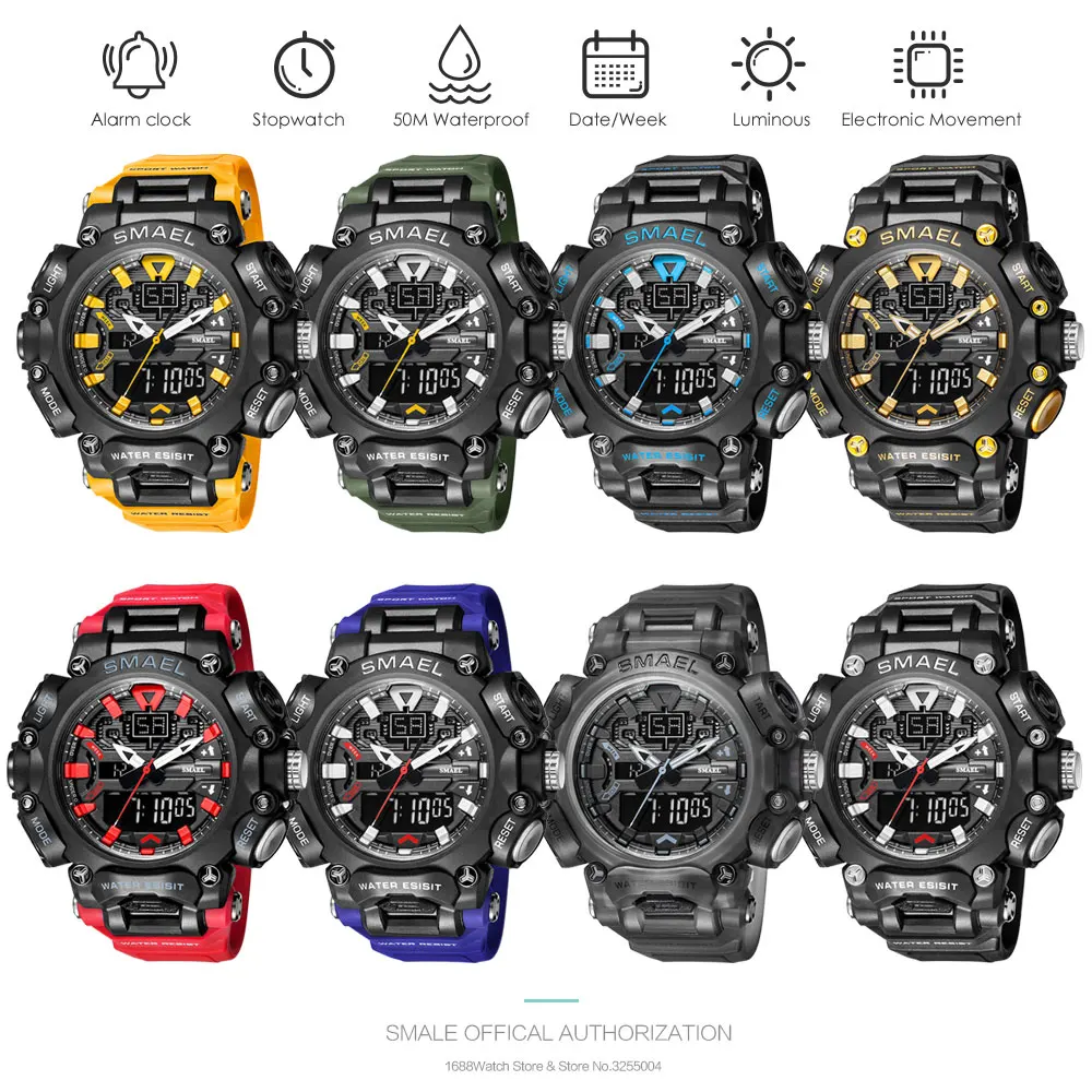 SMAEL Dual Time LED Digital Watch for Men 50m Waterproof Chronograph Quartz Watches Orange Military Sport Electronic Wristwatch