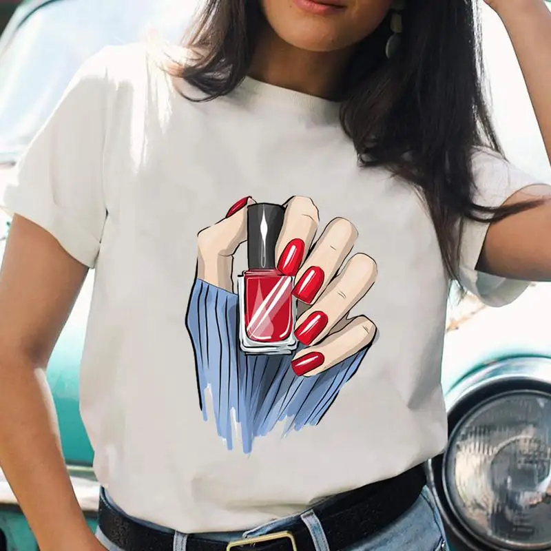 Le donne Cartoon Nail Make Up New Cute Kawaii T Top Shirt Regular Ladies Print T-shirt a maniche corte con grafica femminile