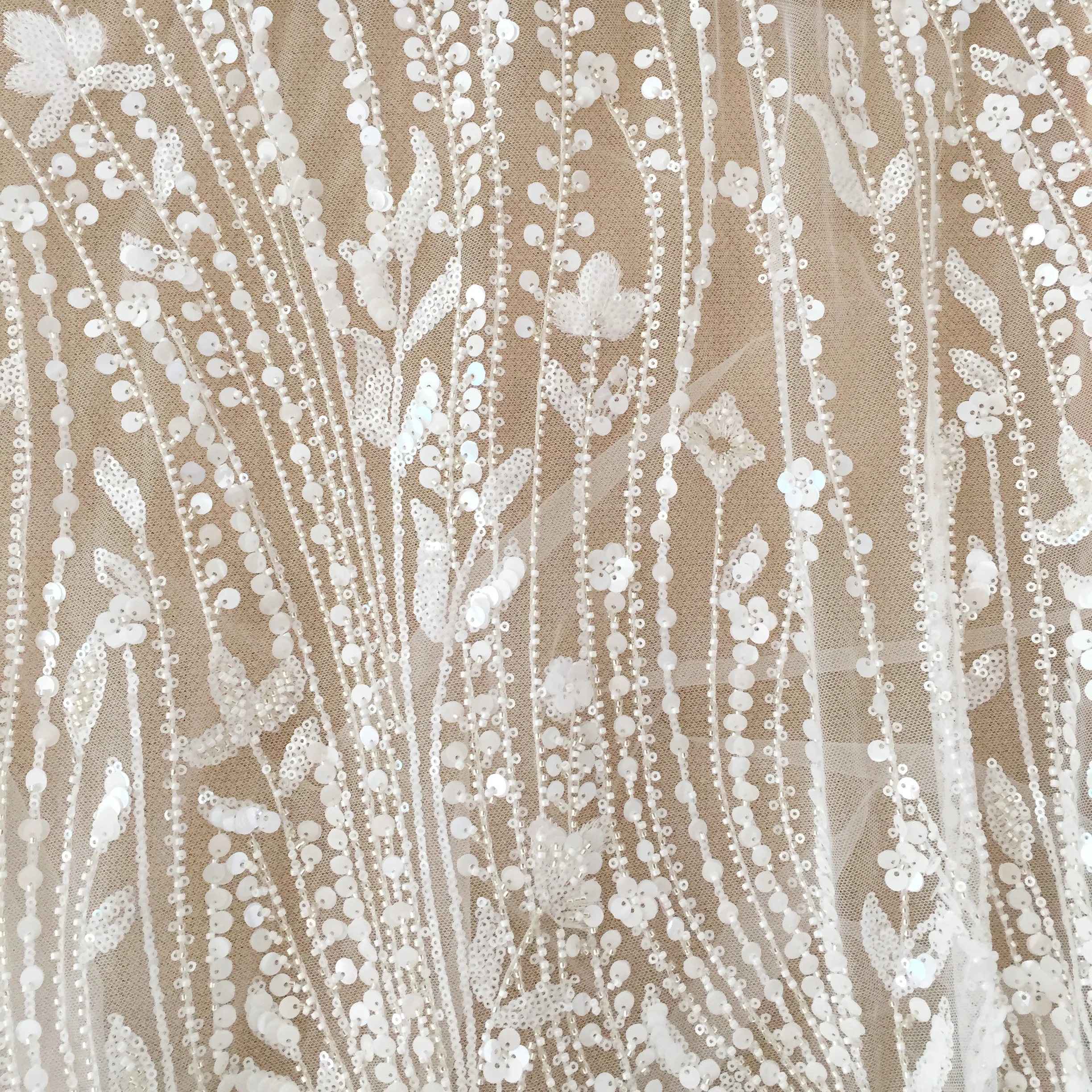 1 Yard 3D Ivory Beaded Geometric Stripe Haute Couture Tulle Lace Fabric  ,Wedding Dress Bridal Gown Evening Clothes DIY