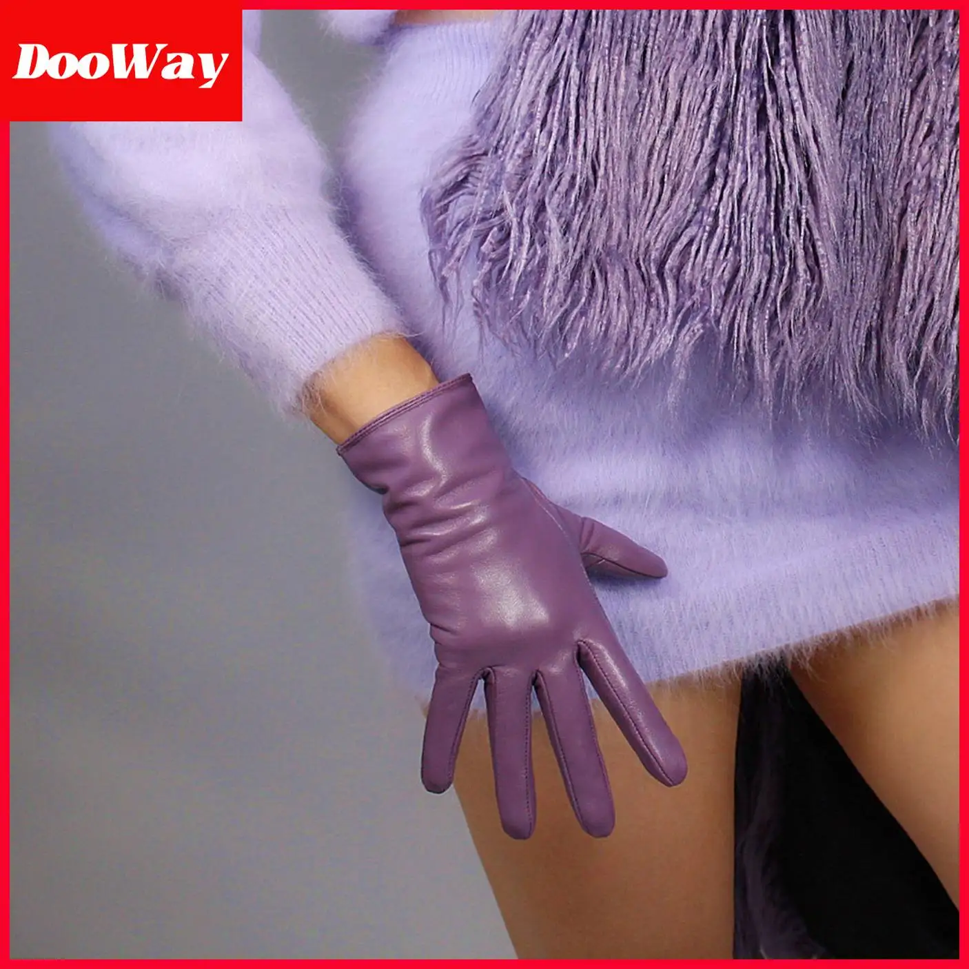 DooWay Women Real Leather Gloves Purple Imported Goatskin Leather Wrist Short Vintage Classic Warm Driving Gloves