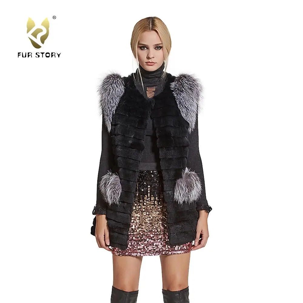 Women's Genuine Rabbit Fur Coat with Fox Fur Cuffs Warm Winter Coat Fur Story FS17216