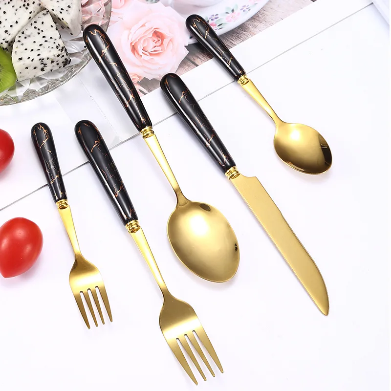 Nordic Ceramic Stainless Steel Cutlery Coffee Dessert Spoon Marbling Handle Western Steak Knife Fork Kitchen Golden Tableware