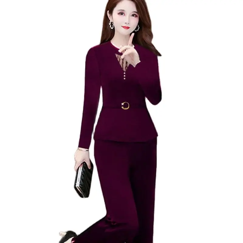 Women Pants 2-Piece Set 2023 Female Spring Summer Suit Lady Shirt Tops+ Wide leg Pants Two-Piece Suit Profession Suit C