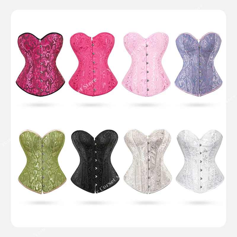 Corset vermelho mujer topo corpeta retro corpetes para mulher rosa bustiers espartilhos feminino sexy jacquard rendas acima do espartilho overbust azul