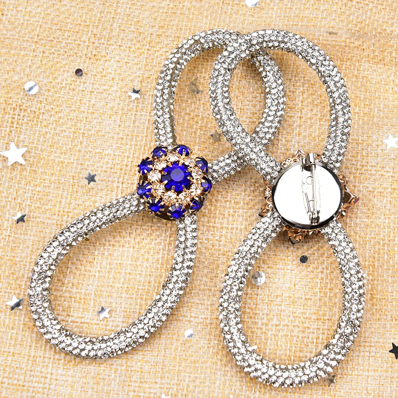 Rhinestone Round Rope Bow Brooch for Women Dress Buckle Crystal Bowknot Pins Decoration Diy Girls Clothes Bags Jewelry Gifts