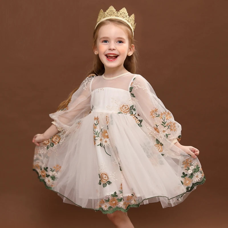 Primavera e autunno abiti da principessa per ragazze abiti manica lunga ricamo fiore festa di compleanno Costume simpatici abiti per bambini