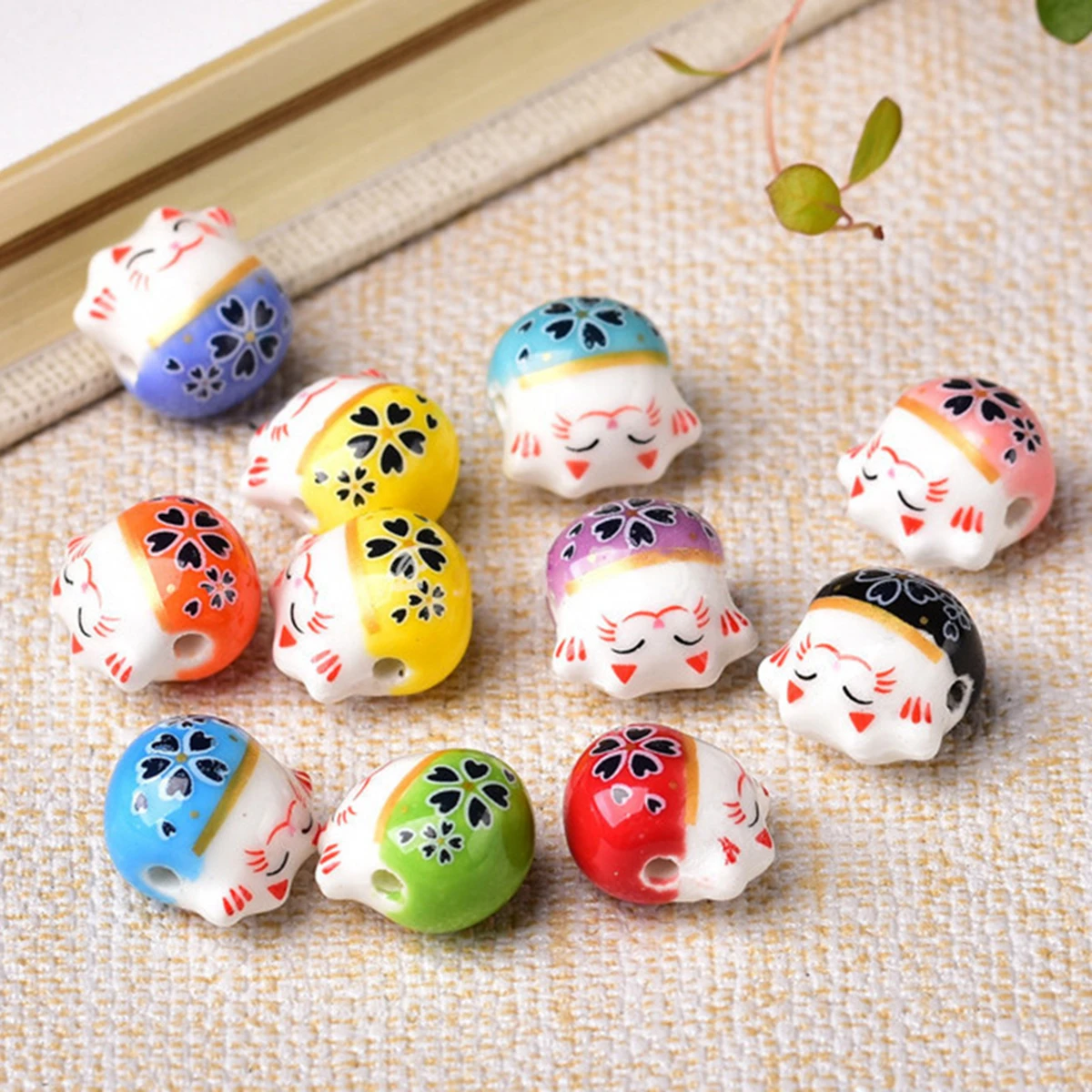 5pcs Fortune Cat Raise Claws 14mm Ceramic Porcelain Loose Beads For Jewelry Making DIY Crafts Findings