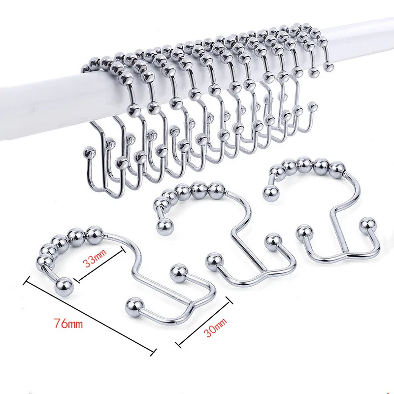 10pcs Stainless Steel Curtain Hooks Bathroom Shower Curtain Rings 8 Roller Ball E type Hang Buckle Decorative Hardware Fastener