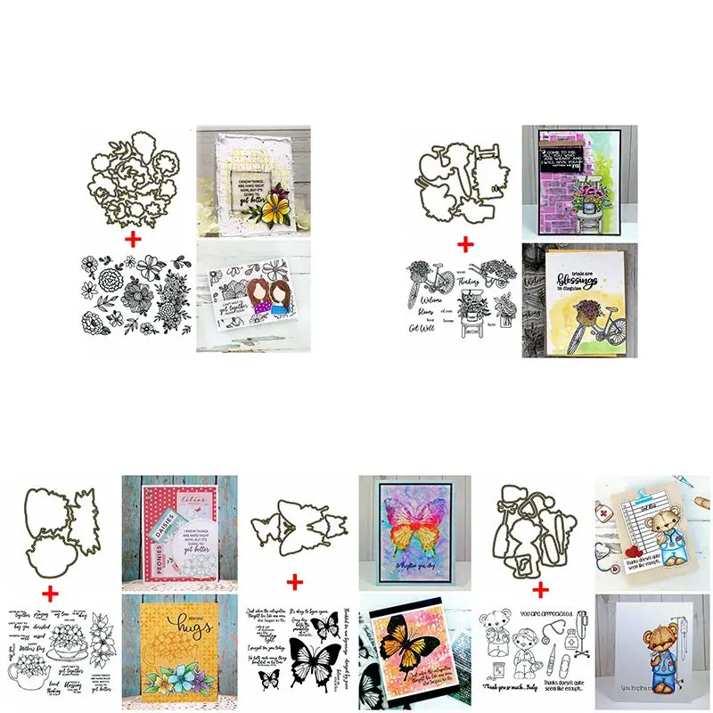 

Fragrant Floral Bike Butterflies Bear Doll Metal Cutting Dies With Clear Stamps Set DIY Scrapbooking Craft Card Making Template