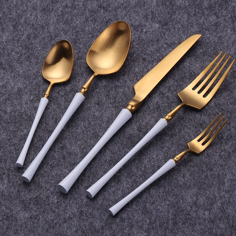 White Gold Cutlery Set 304 Stainless Steel Cutlery Dinnerware Set Matte Spoon Fork Knife Tea Fork Western Tableware Set 5 pieces