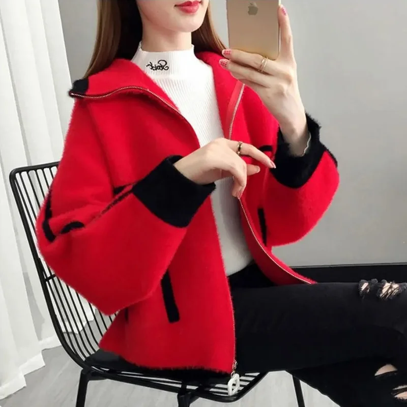 2022 Autumn Winter New Women\'s Short Coat Mink fleece Sweater Cardigan Women Korean Zipper Knitted Jacket Overcoat Abrigo Mujer