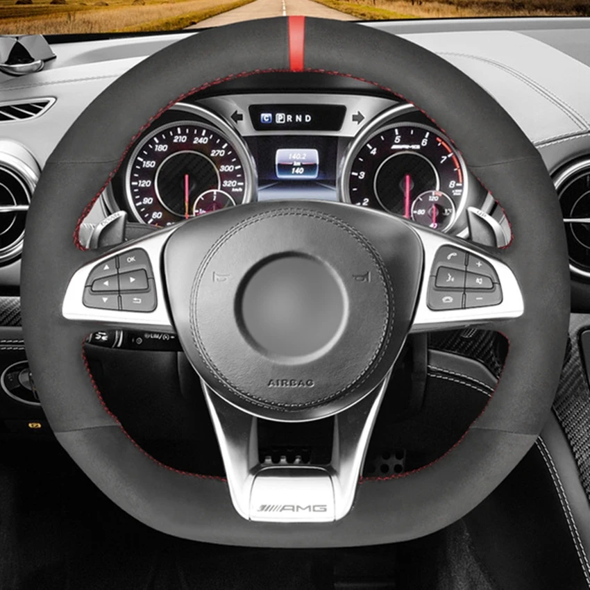 Hand-stitched Black Suede Car Steering Wheel Cover for Mercedes-Benz A 45 AMG 2016-2018 C 43 63 AMG CLA 45 2015