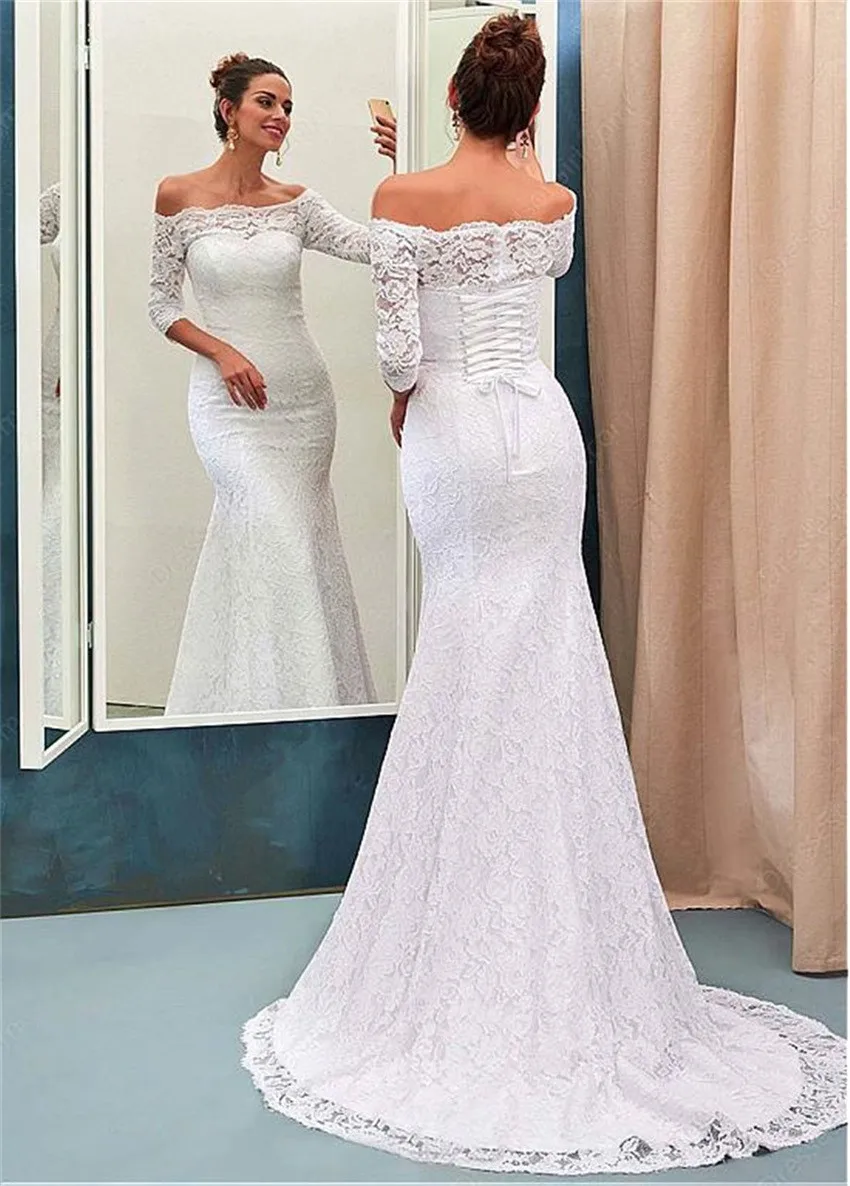 NUOXIFANG Princess Lace Off-the-shoulder Mermaid Wedding Dress Boat Neckline Half Sleeves Lace Bridal Dresses robe de soiree